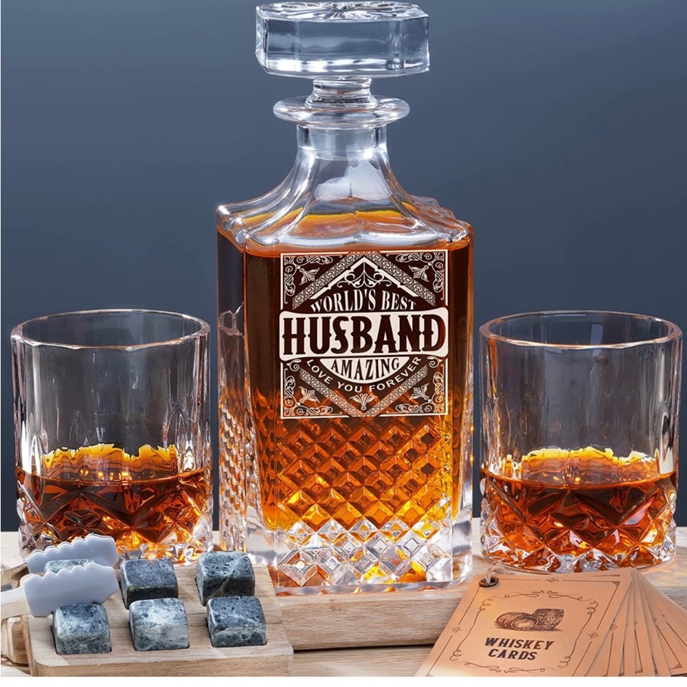 NEW Men Husband Man cave Day Whiskey Decanter Set Glasses Birthday Retirement